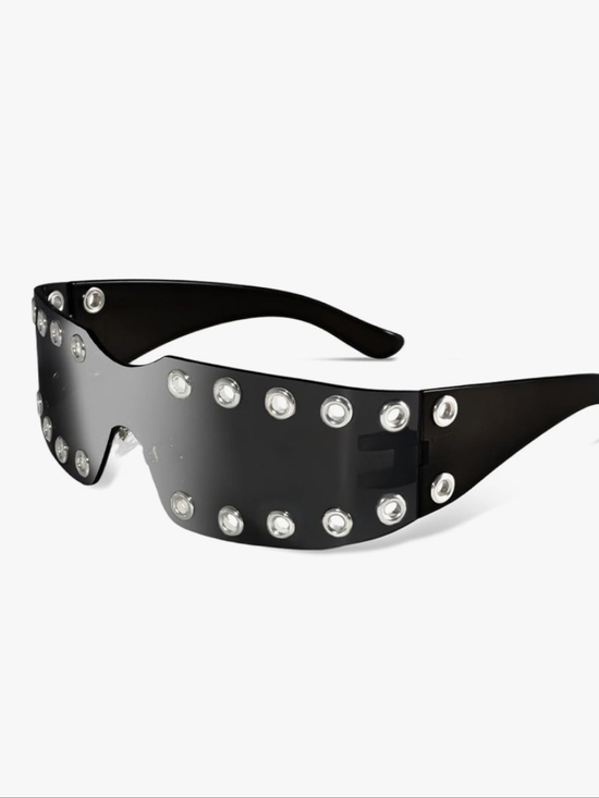 Futuristic Studded Wraparound Shield Sunglasses - Smoke